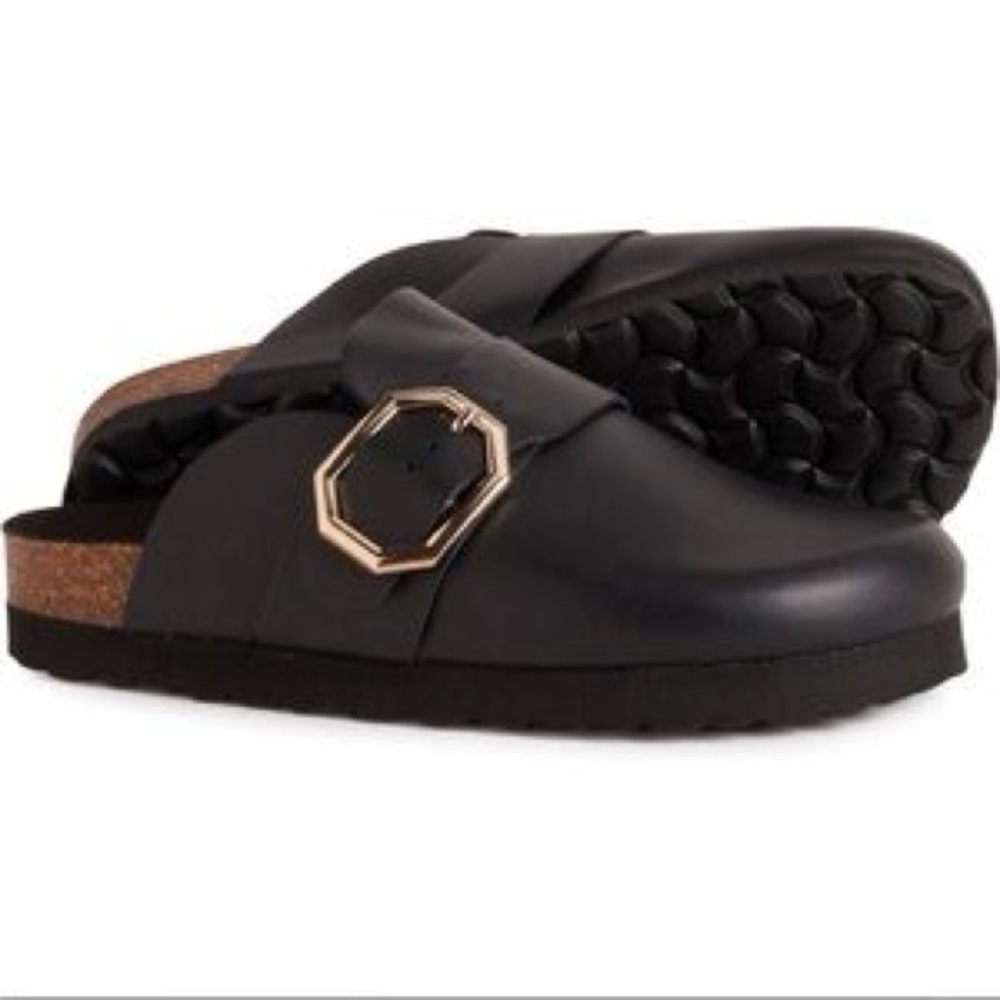 Bio Green Black Leather Buckle Clogs